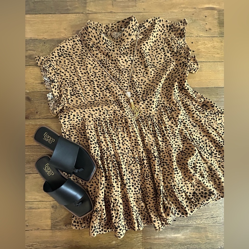 TAN & BLACK Leopard Print Tiered Babydoll Ruffle Cap Sleeves Boho Peplum Blouse - Picture 4 of 14